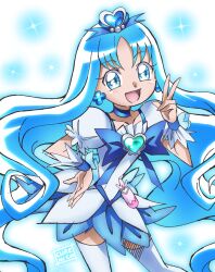  1girl :d artist_name blue_background blue_choker blue_dress blue_eyes blue_hair blue_theme blue_wrist_cuffs bottle bow brooch chest_bow choker collarbone commentary cowboy_shot cure_marine cure_nico dress earrings floral_dress flower_earrings frilled_sleeves frilled_wrist_cuffs frills hair_bow hair_ornament hand_on_own_hip hand_up heart heart_brooch heart_hair_ornament heartcatch_precure! highres jewelry kurumi_erika long_hair looking_at_viewer magical_girl official_style open_mouth perfume_bottle pouch precure puffy_short_sleeves puffy_sleeves short_dress short_sleeves smile solo sparkle_background thigh-highs two-tone_dress umakoshi_yoshihiko_(style) very_long_hair w wavy_hair white_background white_dress white_thighhighs wrist_cuffs 
