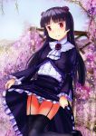  1girl black_hair blush dress edogawakid garter_belt garter_straps gokou_ruri gothic_lolita highres lolita_fashion long_hair mole ore_no_imouto_ga_konna_ni_kawaii_wake_ga_nai panties red_eyes skirt skirt_lift striped striped_panties thighhighs underwear 