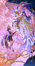  1boy 1girl absurdres animal aranara_(genshin_impact) asymmetrical_legwear blue_butterfly blue_hair branch bridal_gauntlets bug butterfly cherry_blossoms closed_mouth detached_collar dress flower frills full_body full_moon genshin_impact hair_ornament harp hat highres holding holding_unworn_clothes holding_unworn_hat instrument long_hair looking_at_another medium_hair moon music night oc_x_canon off-shoulder_dress off_shoulder original parted_bangs parted_lips pink_flower playing_instrument purple_hair san_wu_maoliang sandals scaramouche_(genshin_impact) shorts sky smile star_(sky) tree unworn_hat unworn_headwear violet_eyes wanderer_(genshin_impact) whale yellow_eyes 