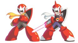  android arm_cannon assault_visor blue_eyes bodysuit clenched_hand cosplay energy_sword helmet highres in-franchise_crossover looking_at_viewer male_focus mega_man_(classic) mega_man_(series) mega_man_battle_network_(series) proto_man protoman.exe protoman.exe_(cosplay) red_helmet robot scarf shield shield_on_back simple_background smile standing sword ultimatemaverickx weapon white_background white_scarf yellow_scarf 