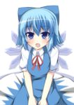  1girl blue_dress blue_eyes blue_hair blush bow cirno dress hair_bow ice ice_wings looking_at_viewer masiromu open_mouth puffy_sleeves shirt short_sleeves sitting smile solo touhou v_arms wings 