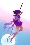  1girl bishoujo_senshi_sailor_moon boots bow closed_eyes elbow_gloves glaive gloves high_heel_boots high_heels highres jisook86 purple_hair sailor_saturn short_hair solo tomoe_hotaru weapon 