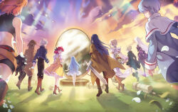  5boys 5girls ankle_boots artist_request back_bow bare_shoulders belt benya_(tales_weaver) black_boots black_coat black_gloves black_leotard black_pants black_ribbon black_shirt black_shoes black_shorts blade_of_grass blonde_hair blue_coat blue_hair blue_jacket blue_shirt blue_sleeves boots boris_jinneman bow broken_pillar brown_belt brown_boots brown_cape brown_capelet brown_coat brown_hair brown_shorts brown_thighhighs cape capelet child clarice_de_avril coat collared_capelet collared_coat collared_jacket crop_top cropped_shirt crossed_belts dress flower from_behind gloves grass greatsword green_eyes grey_hair hair_flower hair_ornament hair_ribbon high_collar high_heels holding holding_sword holding_weapon isolestie_(children_of_the_rune) jacket joshua_von_arnim juliet_sleeves knee_boots lanziee_rozen_kranz left-handed lens_flare leotard light_rays lily_(flower) long_dress long_hair long_skirt long_sleeves looking_back maximin_liebkne medium_dress mila_nebraska multiple_boys multiple_girls nexon nocturne_de_vien official_art open_clothes open_coat open_jacket orange_hair pants pinafore_dress puffy_short_sleeves puffy_sleeves pumps purple_skirt purple_sleeves red_belt red_hair ribbon roamini second-party_source shirt shoes short_hair short_sleeves shorts single_hair_streak skirt sleeve_cuffs sleeveless sleeveless_dress straight_hair sunbeam sunlight sunset sword sword_knot tales_weaver thigh-highs trench_coat very_long_hair walking weapon white_capelet white_dress white_flower white_hair white_lily white_shirt white_sleeves wide_sleeves yellow_bow yellow_dress 