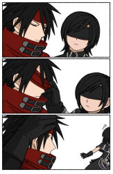  10h_(nier_reincarnation) 10h_(nier_reincarnation)_(cosplay) 1boy 1girl black_capelet black_dress black_gloves black_hair blindfold capelet cloak closed_eyes closed_mouth cosplay dress final_fantasy final_fantasy_vii final_fantasy_vii:_ever_crisis flying_sweatdrops gloves headband highres long_hair nier_(series) nier_reincarnation official_alternate_costume red_cloak red_headband s_m_man sequential short_hair spiky_hair upper_body vincent_valentine yuffie_kisaragi yuffie_kisaragi_(savior_ensemble) 