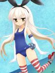  1girl ashmix blonde_hair brown_eyes elbow_gloves gloves hairband kantai_collection long_hair personification school_swimsuit shimakaze_(kantai_collection) striped striped_legwear swimsuit thighhighs 