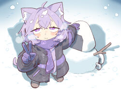  1girl :3 ahoge alternate_costume animal_ear_fluff animal_ears blush cat_ears cat_girl cat_tail chibi cocomayo29_(tomato) commentary food gloves hair_between_eyes hololive jacket korean_commentary looking_up nekomata_okayu onigiri onigirya_(nekomata_okayu) pocket purple_gloves purple_hair purple_scarf scarf shoes snow snowflakes snowman stick tail v violet_eyes virtual_youtuber 