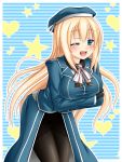  1girl aqua_eyes atago_(kantai_collection) black_gloves black_legwear blonde_hair blush breasts dotera-otoko gloves hat heart kantai_collection large_breasts long_hair military military_uniform open_mouth pantyhose personification smile solo star striped striped_background uniform wink 
