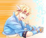  1boy blonde_hair blue_jacket bubble caesar_anthonio_zeppeli facial_mark feathers fingerless_gloves gloves green_eyes hair_feathers headband jacket jojo_no_kimyou_na_bouken mimori-p solo 