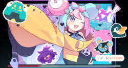 1girl ;d bellibolt blue_hair bow-shaped_hair commentary highres iono_(pokemon) jacket lila_0219 long_hair long_sleeves looking_at_viewer luxio mismagius multicolored_hair one_eye_closed open_mouth pink_eyes pink_hair pokemon pokemon_sv progress_bar sharp_teeth sleeves_past_fingers sleeves_past_wrists smile sprite teeth twintails two-tone_hair upper_teeth_only very_long_hair wattrel yellow_jacket 