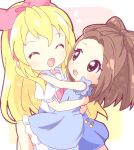  2girls aikatsu! blonde_hair brown_hair character_request closed_eyes green_eyes happy hoshimiya_ichigo long_hair mirai_(sugar) multiple_girls 