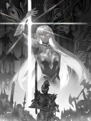  1girl 6+others abstract_background aerisabella armor axe battle_axe breastplate commentary cowboy_shot crown empty_eyes english_commentary glint glowing glowing_eyes glowing_hair greyscale hand_up helmet highres holding holding_sword holding_weapon knight long_hair monochrome multiple_others nephis_(shadow_slave) people scar scar_across_eye scar_on_face shadow_slave shoulder_armor sword weapon white_hair 