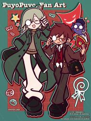  2boys :d ^_^ adjusting_eyewear ahoge alternate_costume artist_name bag beret black_bag black_shoes book brown_hair brown_jacket brown_pants brown_sweater closed_eyes coat collared_shirt commentary_request copyright_name drop_shadow full_body green_coat grey_hair hair_between_eyes hair_over_one_eye hat highres holding holding_book jacket klug_(puyopuyo) lapels lemres_(puyopuyo) loafers long_sleeves looking_at_viewer male_focus mintara_pypy multiple_boys notched_lapels official_style open_clothes open_coat open_jacket open_mouth outline pants puyo_(puyopuyo) puyopuyo red_eyes red_sweater_vest round_eyewear shirt shoes short_hair shoulder_bag smile star_(symbol) strange_klug sweater sweater_vest twitter_username white_outline white_pants white_shirt wing_collar 
