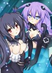  2girls bare_shoulders black_hair blue_eyes bodysuit braid breasts choujigen_game_neptune cleavage hair_ornament honeycomb_background long_hair looking_at_viewer meimu_(infinity) multiple_girls neptune_(choujigen_game_neptune) noire open_mouth purple_hair purple_heart red_eyes symbol-shaped_pupils twin_braids twintails 