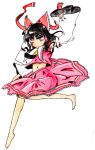  1girl absurdres anzu_(1020v) ballpoint_pen_(medium) barefoot black_hair bow colored_pencil_(medium) detached_sleeves frills hair_bow hair_tubes hakurei_reimu highres leg_up long_hair navel red_eyes ribbon simple_background sleeves_past_wrists solo touhou traditional_media white_background wink 