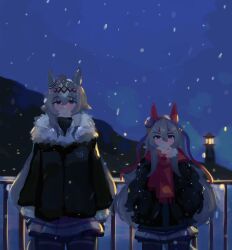  2girls absurdres ahoge animal_ears black_coat blue_eyes blue_hairband blush breath closed_mouth coat commentary ear_covers ear_ornament grey_hair grey_tail hair_between_eyes hair_ornament hairband headband highres horse_ears horse_girl horse_tail lighthouse long_hair long_sleeves looking_at_viewer multicolored_hair multiple_girls oguri_cap_(umamusume) outdoors purple_serafuku purple_skirt red_headband red_scarf scarf school_uniform serafuku skirt sky striped_clothes striped_hairband symbol-only_commentary tail tamamo_cross_(umamusume) thigh-highs thiharess tracen_school_uniform tracen_winter_coat umamusume very_long_hair winter_clothes winter_coat winter_uniform 