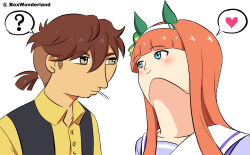 1boy 1girl ? animal_ears aqua_eyes artist_name bad_sasuke_drawing_(meme) blush box_wonderland brown_hair collared_shirt commentary heart highres horse_ears horse_girl long_hair looking_at_another meme multiple_memes orange_hair parody shirt silence_suzuka_(umamusume) simple_background smile speech_bubble trainer_(umamusume) umamusume upward_angle_frieren_drawing_(meme) yellow_shirt 