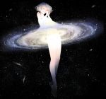  1girl bare_arms bare_legs barefoot closed_eyes dress galaxy highres original personification sawasawa silver_hair sleeveless sleeveless_dress solo space white_dress 
