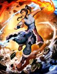  1girl armlet avatar:_the_last_airbender bare_shoulders blue_eyes boots breasts brown_hair clothes_around_waist dark_skin element_bending fire genzoman ground_shatter hair_tubes korra large_breasts legend_of_korra long_hair ponytail smile solo taut_clothes toned topknot vambraces water 
