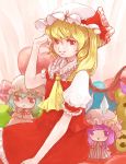  1girl ascot blonde_hair character_doll flandre_scarlet gradient gradient_background hand_on_own_face hat hat_ribbon heart light_smile lips looking_at_viewer ma_nyan_(nyao_mao_nyao) mob_cap patchouli_knowledge puffy_short_sleeves puffy_sleeves red_eyes remilia_scarlet ribbon short_hair short_sleeves side_ponytail sitting skirt skirt_set solo stuffed_animal stuffed_toy teddy_bear touhou wings 