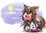  1girl animal_ears brooch brown_hair chibi clouds fang full_moon howling imaizumi_kagerou jewelry long_hair long_sleeves moon open_mouth red_eyes shinapuu shirt sitting skirt sky smile solo tail touhou very_long_hair wariza wide_sleeves wolf_ears wolf_tail 