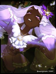  4girls black_border border commentary dark-skinned_female dark_skin dress eyelashes gloves glowing grin hands_up head_back highres indoors jacinthe_(pokemon) lebanne_(pokemon) long_sleeves looking_up mayotsunamayo multiple_girls pokemon pokemon_legends:_z-a purple_dress smile teeth twitter_username violet_eyes watermark white_gloves 