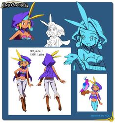  1girl antenna_hair bird blonde_hair boots breasts brown_eyes concept_art corset dark_skin hand_on_hip hood knee_boots large_breasts midriff pants shantae sky_(shantae) wrench_(shantae) wrist_wraps yabe_makoto 