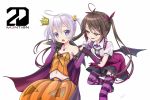  2girls ahoge blue_eyes blush brown_hair cape crown elbow_gloves fang gloves gotou_hisashi hair_ornament hairclip leg_lift multiple_girls open_mouth original purple_hair red_eyes striped striped_legwear tail thighhighs twintails wings 