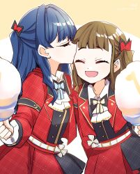  2girls 5th_live_tour_~4pair_power_spread!!!!~ :d ^_^ black_vest blue_bow blue_bowtie blue_hair bow bowtie brown_hair center-flap_bangs closed_eyes commentary_request cotton_candy cowboy_shot dollchestra food hair_bow half_updo highres holding holding_cotton_candy holding_food jacket kachimachi_kosuzu kanduki_kamibukuro kiss kissing_forehead link!_like!_love_live! long_hair love_live! miniskirt multiple_girls murano_sayaka official_alternate_costume open_clothes open_jacket open_mouth plaid_clothes plaid_jacket plaid_skirt pleated_skirt red_bow red_bowtie red_jacket red_skirt skirt smile sugar_melt_(love_live!) taiyou_de_are! vest virtual_youtuber yellow_bow yellow_bowtie 