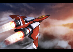  above_clouds aircraft airplane blue_sky cannon canopy_(aircraft) clouds commentary_request fighter_jet flying from_behind gradient_sky highres military_vehicle oosaki_eru orange_sky raiden_(series) raiden_mk-ii science_fiction sky spacecraft starfighter sunset thrusters vehicle_focus weapon 