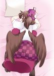  1girl ass brown_eyes brown_hair cellphone checkered checkered_skirt hair_ribbon hammer_(sunset_beach) hat himekaidou_hatate long_hair looking_back on_stomach phone pillow ribbon skirt solo tokin_hat touhou twintails wings 