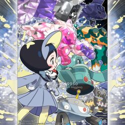  2girls artist_name bastiodon black_eyes black_hair black_sclera blush blush_stickers bright_pupils bronzong child closed_mouth colored_sclera commentary company_name copperajah copyright_notice corset corviknight dress english_commentary eyelashes from_side grey_bonnet grey_dress hammer holding holding_hammer instagram_username jewelry key key_necklace long_sleeves magnet magnezone merchandise_available multiple_girls necklace official_style open_mouth outline pokemon pokemon_(creature) pokemon_sv poppy_(pokemon) red_eyes screw short_hair smile terastallization tinkaton tom_higgins watermark white_outline white_pupils 