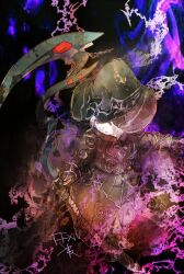  1boy ark_angel_tt black_boots black_gloves black_hat black_pants black_robe boots colored_skin final_fantasy final_fantasy_xi gloves hat holding holding_scythe male_focus open_mouth pants red_eyes robe ruka_(blueplus84) scythe short_hair solo tarutaru white_hair white_skin witch_hat 