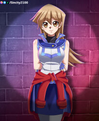 1girl arms_behind_back blonde_hair blue_skirt blush cute deviantart_username duel_academy_uniform_(yu-gi-oh!_gx) gloves red_jacket sincity2100 sleeveless_jacket sleeveless_shirt smile standing tenjouin_asuka turtleneck wall yellow_eyes yu-gi-oh! yu-gi-oh!_gx yuu-gi-ou yuu-gi-ou_gx