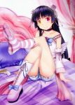  1girl bed blush boots collar detached_sleeves edogawakid feet gokou_ruri heterochromia highres kneehighs leg_lift long_hair mole off_shoulder ore_no_imouto_ga_konna_ni_kawaii_wake_ga_nai pillow pov_feet red_eyes single_shoe smile socks striped striped_legwear wings yellow_eyes 