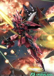  aegis_gundam blitz_gundam card_(medium) copyright_name energy_sword explosion glowing glowing_eyes green_eyes gundam gundam_arsenal_base gundam_seed holding holding_weapon mecha mobile_suit no_humans official_art robot science_fiction shield sword tomo_(machinemess) v-fin weapon 