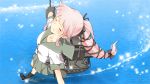  1girl clouds foreshortening from_above hair_ribbon kantai_collection light_particles outstretched_arms pink_hair ponytail ribbon school_uniform skirt smile solo very_long_hair walking walking_on_water water yura_(kantai_collection) yuto 