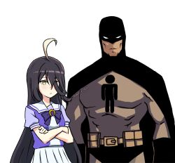  1boy 1girl ahoge artist_name batman batman_(series) belt black_cape black_hair bodysuit bow bowtie cape commentary cowl crossed_arms crossover dc_comics english_commentary expressionless grey_bodysuit hair_between_eyes highres humanization long_hair looking_at_viewer manhattan_cafe_(umamusume) mask multicolored_hair pleated_skirt purple_bow purple_bowtie purple_serafuku purple_shirt school_uniform serafuku shirt simple_background skirt standing summer_uniform superhero_costume taut_bodysuit the_freakin_yui tracen_school_uniform two-tone_hair umamusume upper_body utility_belt very_long_hair watermark white_background white_hair white_skirt yellow_eyes 