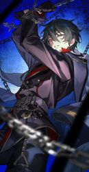  1boy arms_up belt belt_buckle black_gloves black_hair blue_eyes buckle buttons chain clenched_teeth coat coat_on_shoulders commentary d_misang earrings ensemble_stars! from_below gloves hair_between_eyes highres holding holding_chain jewelry kagehira_mika key lapels lock long_sleeves looking_at_viewer male_focus notched_lapels official_alternate_costume orange_eyes parted_lips short_hair solo symbol-only_commentary teeth 