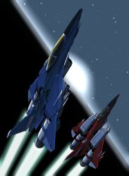  aircraft airplane alternate_color cannon canopy_(aircraft) commentary_request fighter_jet flying gun highres in_orbit machine_gun military_vehicle milkysistem planet player_2 raiden_(series) raiden_mk-ii silhouette sky space spacecraft star_(sky) starfighter starry_sky sun surprised thrusters vehicle_focus weapon 