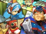  1girl 3boys alia_(rockman) axl blonde_hair blue_eyes ckotnha green_eyes multiple_boys orange_hair rockman rockman_x x_(rockman) zero_(rockman) 