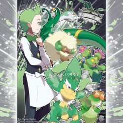  1boy :3 adjusting_bowtie apron artist_name black_pants black_vest bow bowtie cilan_(pokemon) closed_eyes colored_sclera commentary company_name copyright_notice english_commentary ferrothorn flower from_side green_bow green_bowtie green_eyes green_hair holding holding_poke_ball horns instagram_username lilligant long_sleeves male_focus maractus merchandise_available no_sclera official_style open_mouth outline pants pink_flower poke_ball poke_ball_(basic) pokemon pokemon_(creature) pokemon_bw red_eyes serperior shirt short_hair simisage single_horn smile spikes tom_higgins vest watermark whimsicott white_apron white_outline white_shirt yellow_eyes yellow_sclera 