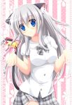  1girl :3 absurdres angel_koman animal_ears bell blue_eyes breasts cat_ears cat_tail grey_hair highres school_uniform solo striped striped_background tail tail_bell 