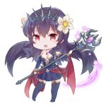  1girl bare_shoulders black_dress black_hair breasts cleavage dress flower hair_flower hair_ornament headdress lowres open_mouth persephone_(p&amp;d) pink_eyes puzzle_&amp;_dragons solo staff tsunakan wings 
