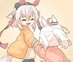  2girls aged_down ahoge alkaru animal_ears bandaid bandaid_on_face bandaid_on_nose blue_hairband closed_eyes coat commentary ear_covers ear_ornament english_commentary fang grey_hair grey_tail hair_between_eyes hair_ornament hairband headband highres holding_hands horse_ears horse_girl horse_tail long_hair long_sleeves multiple_girls oguri_cap_(umamusume) open_mouth pants pink_sweater ponytail red_headband short_hair smile striped_clothes striped_hairband sweater tail tamamo_cross_(umamusume) umamusume umamusume:_cinderella_gray yellow_coat yellow_sweater 