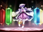  1girl book bow crescent dress floating floating_book floating_object frills glowing hat long_hair magic_circle nishi_masakazu open_book outstretched_arms patchouli_knowledge philosopher&#039;s_stone purple_hair ribbon shoe_ribbon shoes smile solo touhou violet_eyes 