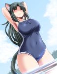  1girl animal_ears armpits arms_up breasts cat_ears cat_tail closed_eyes clothed_navel clouds green_hair long_hair original smile solo swimsuit tail thighs tonpuu water 