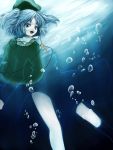  1girl backpack bag blue_eyes blue_hair bubble hair_bobbles hair_ornament hat highres invisible kawashiro_nitori key looking_at_viewer nishi_masakazu open_mouth short_hair solo touhou twintails underwater water 