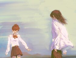  1boy 1girl aakaaka78910 aragaki_shinjirou black_pants black_skirt blue_sky bow bowtie brown_hair closed_eyes collared_shirt day hair_between_eyes hand_in_pocket highres long_hair long_sleeves open_mouth outdoors pants persona persona_3 persona_3_portable red_bow red_bowtie shiomi_kotone shirt skirt sky standing white_shirt 