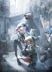  2girls alley baseball_cap beanie big_man_(splatoon) black_jacket black_shoes blonde_hair blue_hair colored_eyelashes couldoh crop_top dark-skinned_female dark_skin earrings eyewear_on_head frye_(splatoon) hair_over_one_eye hat highres inkling jacket jewelry leaning_forward long_pointy_ears mask mouth_mask multiple_girls octoling open_clothes open_jacket pants pointy_ears pom_pom_(clothes) pom_pom_beanie red_eyes shiver_(splatoon) shoes splatoon_(series) splatoon_3 squatting tentacle_hair tight_clothes tight_pants yellow_eyes 