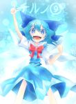  (9) 1girl blue_eyes blue_hair blush cirno dress fangs guuchama hair_ribbon highres ice ice_wings open_mouth ribbon short_hair short_sleeves smile solo text touhou wings 